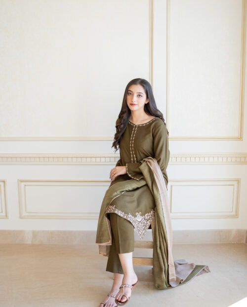 Dark Olive Dhanak Heavy 3pc Emboidery SM-1025